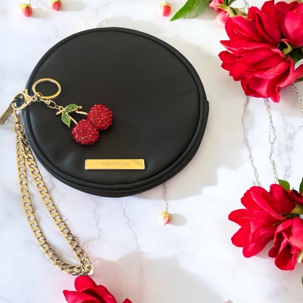 New Black Round‎ Wristlet With Gold Chain and Cherry Key Chain